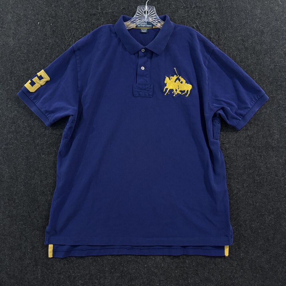 Polo Ralph Lauren Shirt Men's XL Blue Yellow Double Big Pony #3 Knit Preppy